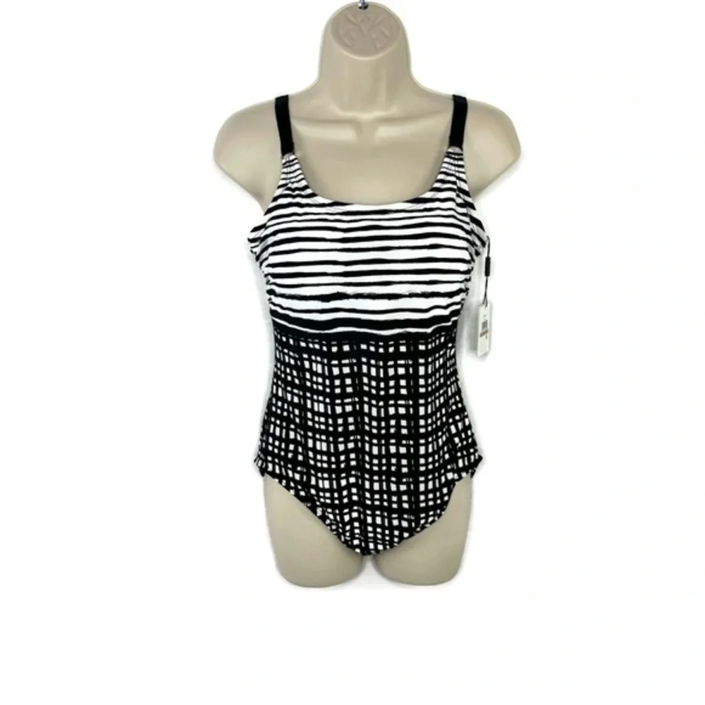 Calvin Klein Abstract Stripe & Block Black White Swimsuit One Piece size 12